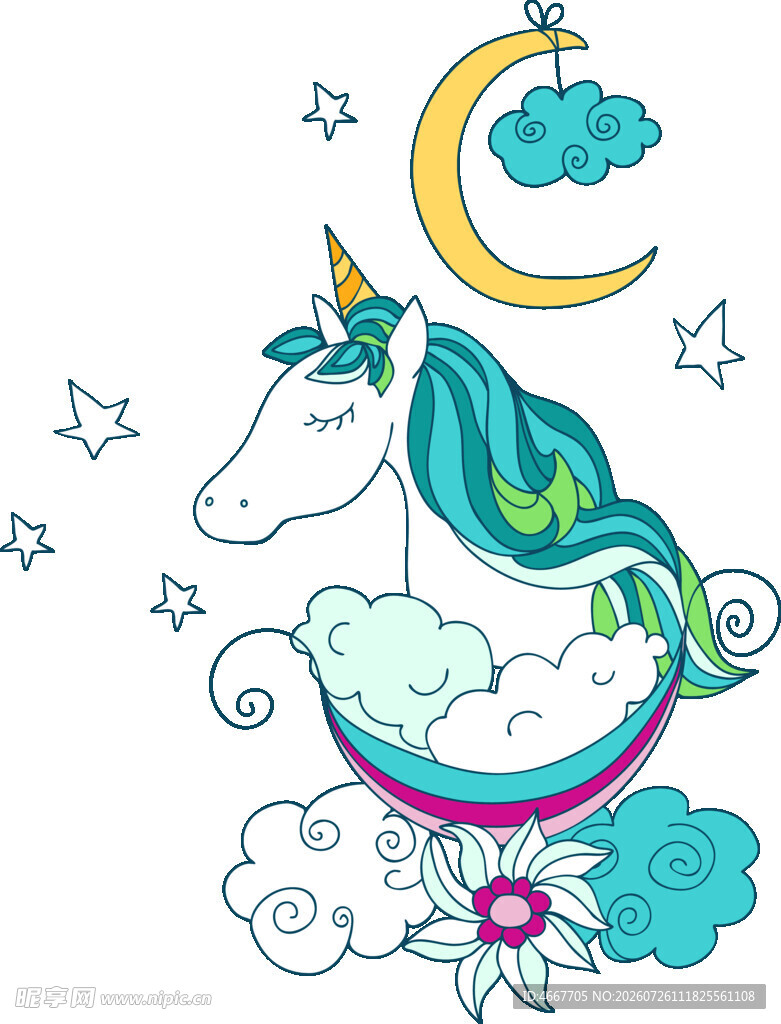 梦幻独角兽在月夜云朵中