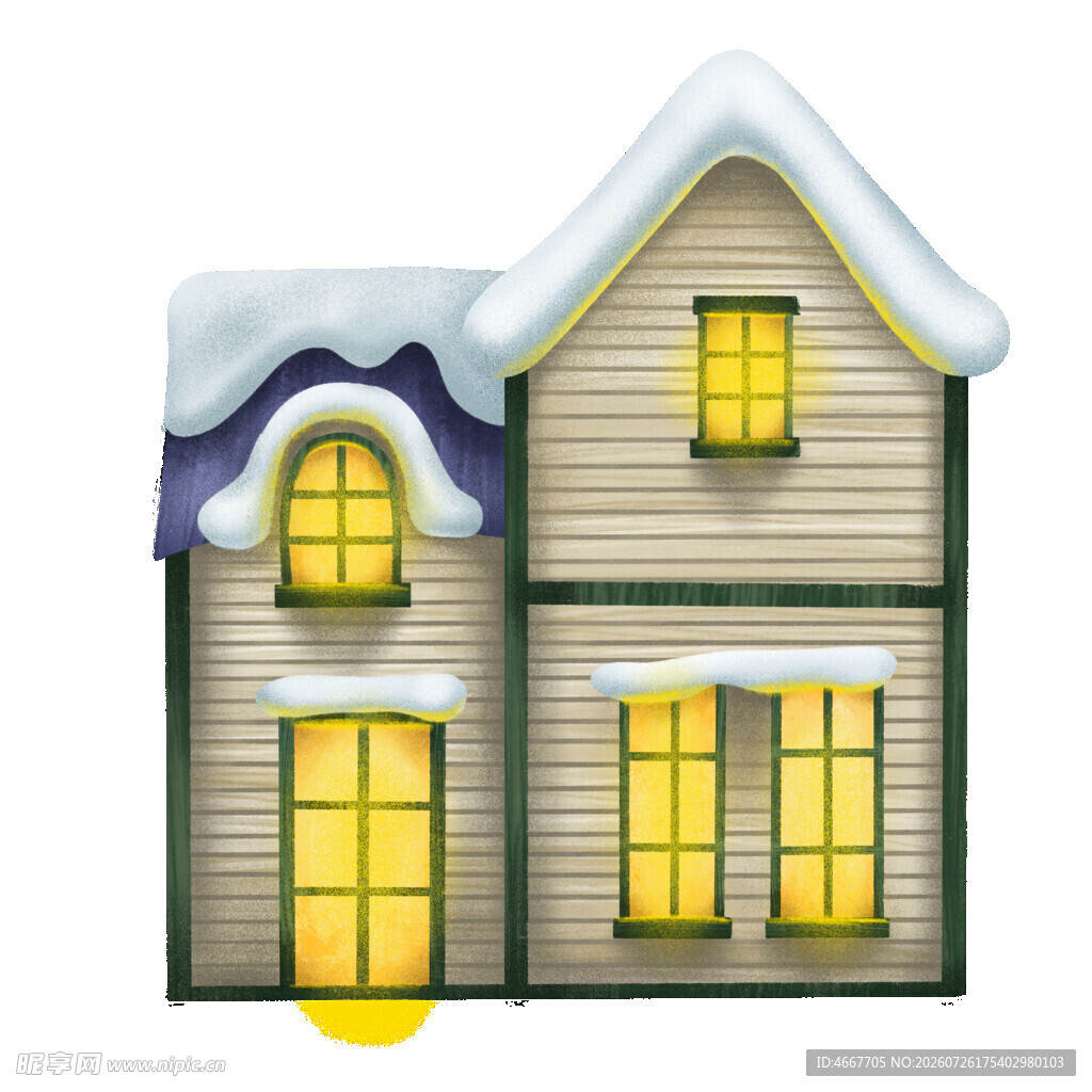 雪覆小屋暖光透出温馨感