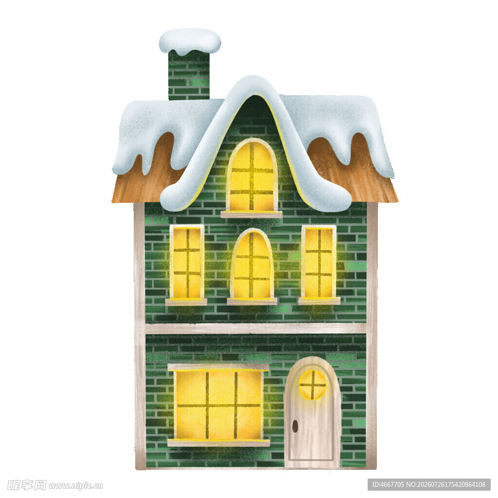 冬日绿屋屋顶覆雪的温馨景象