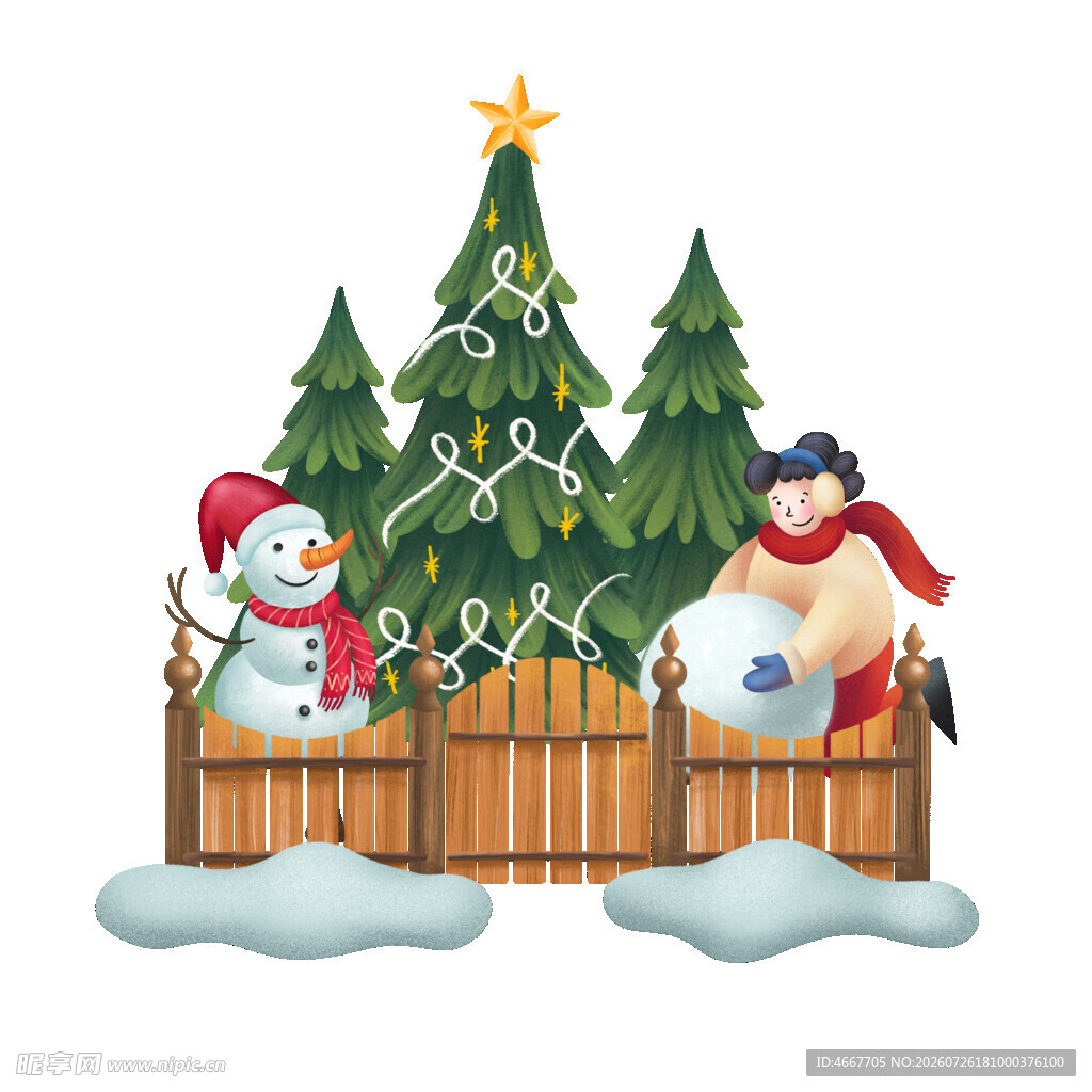 圣诞雪景中的雪人圣诞树