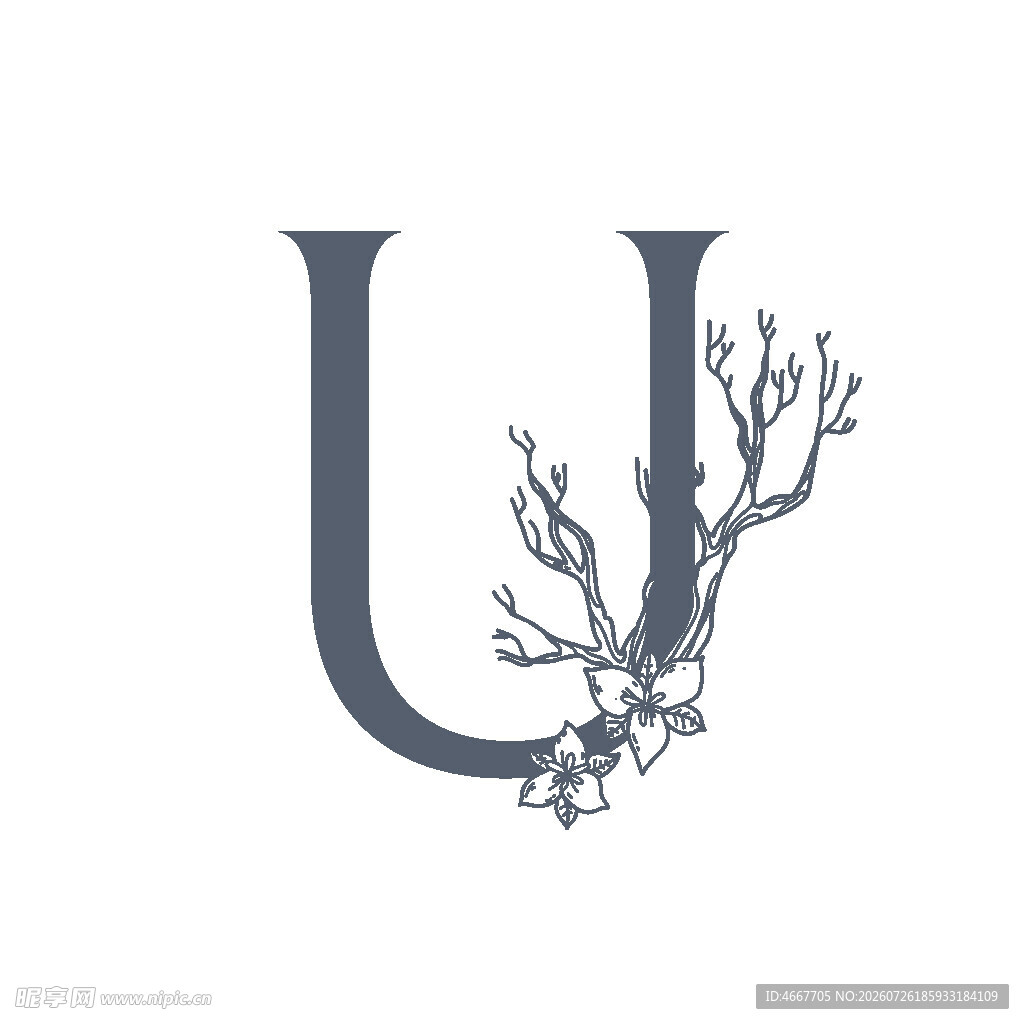 字母U的花卉藤蔓装饰设计