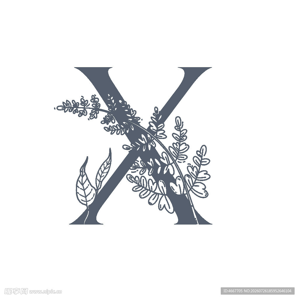 复古植物装饰字母X