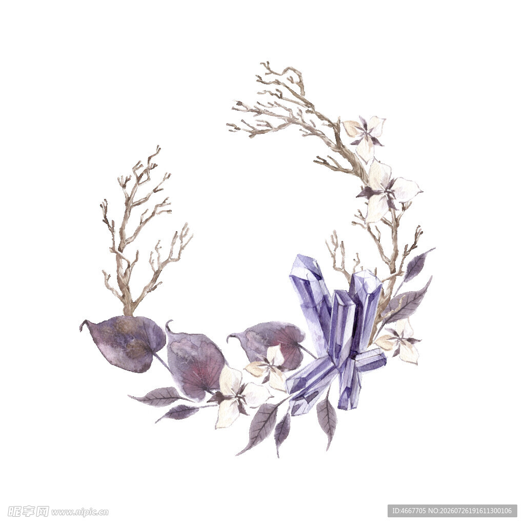 紫色花卉花环水彩插画