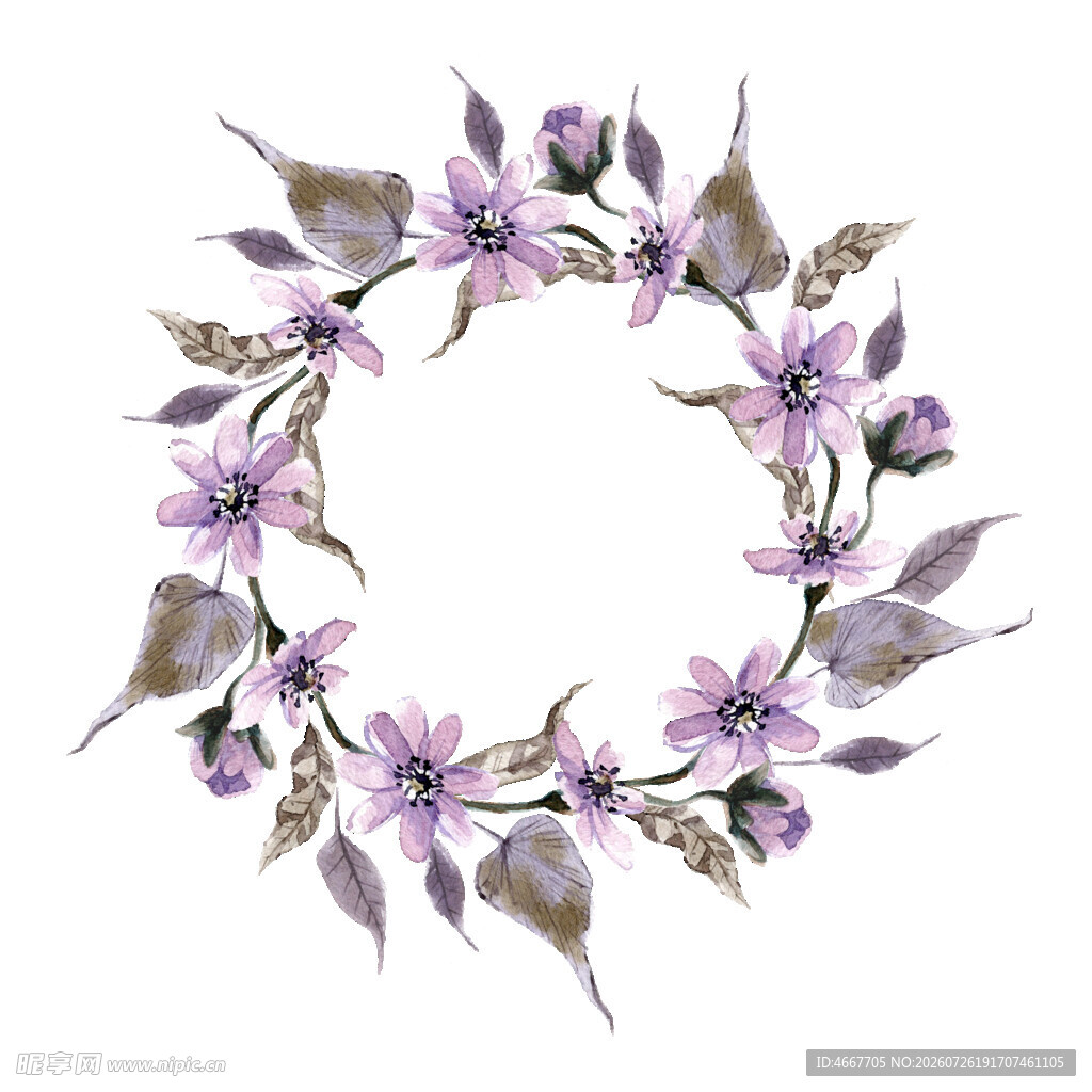 紫色花卉花环水彩插画