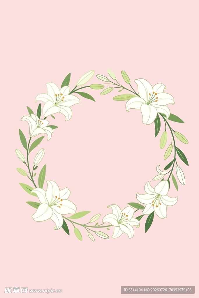手绘百合花花卉花环图案