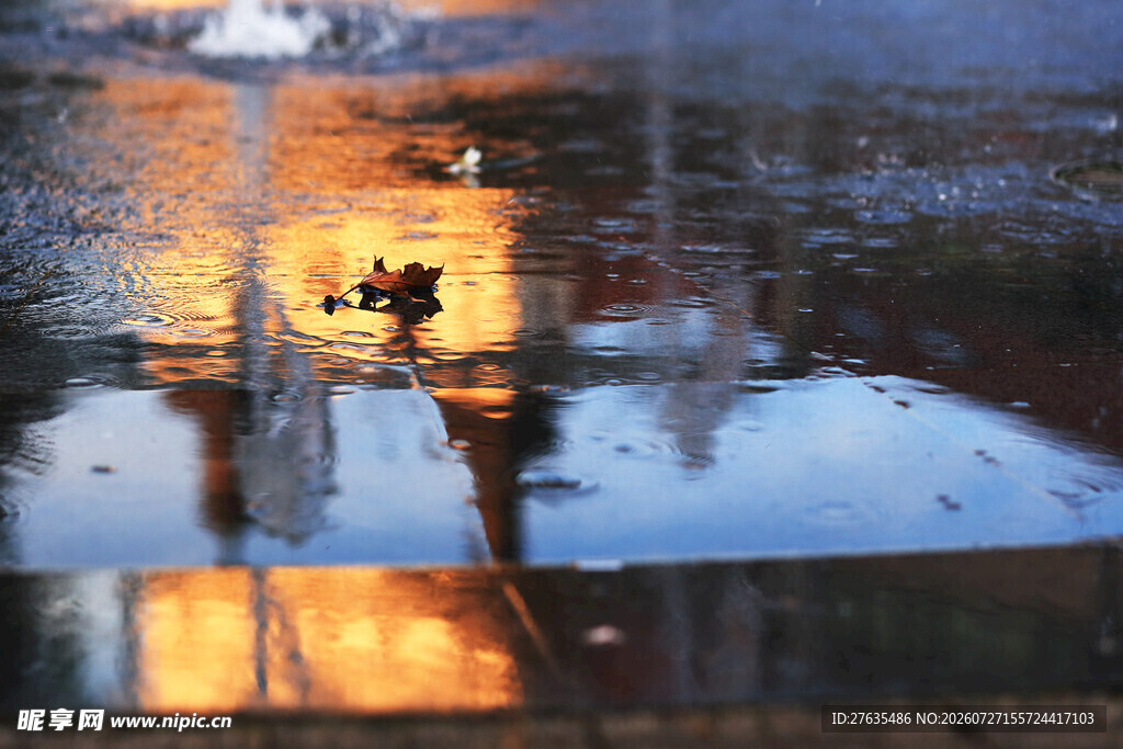雨中积水倒映的温暖灯光