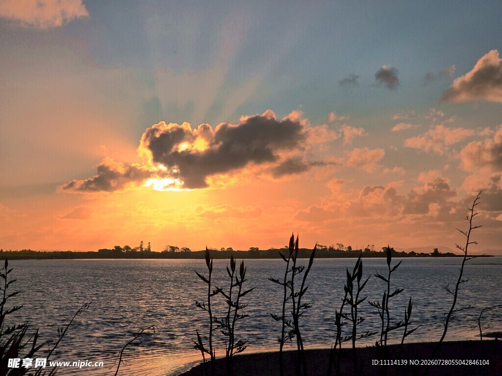 夕阳下波光粼粼的水面景色