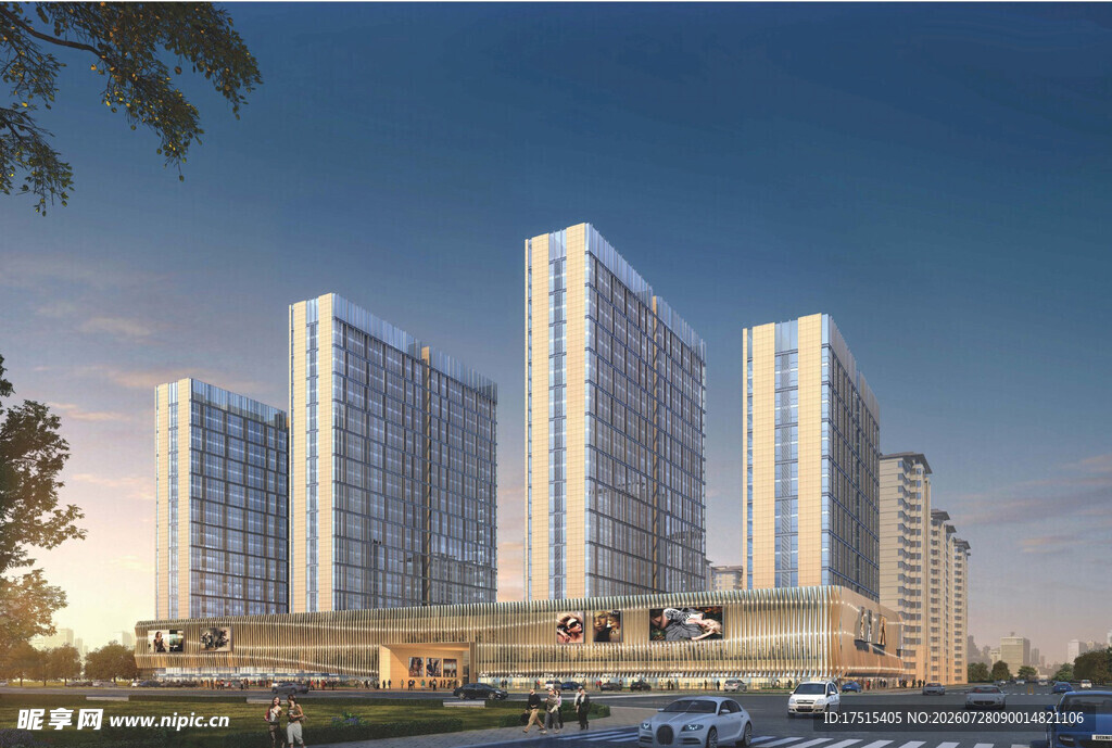 现代城市河畔高楼建筑群