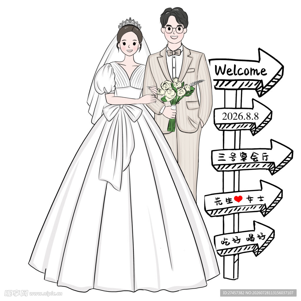 新婚夫妇与方向指示牌