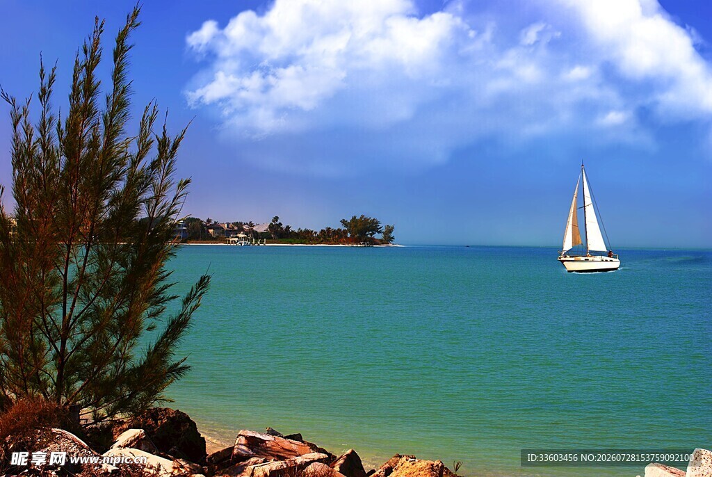 碧海蓝天中的帆船美景