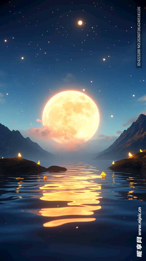 月夜湖景 繁星与远山共映