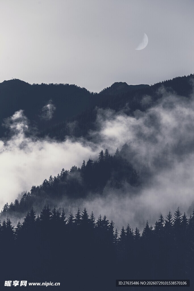 山间云雾缭绕的静谧景致