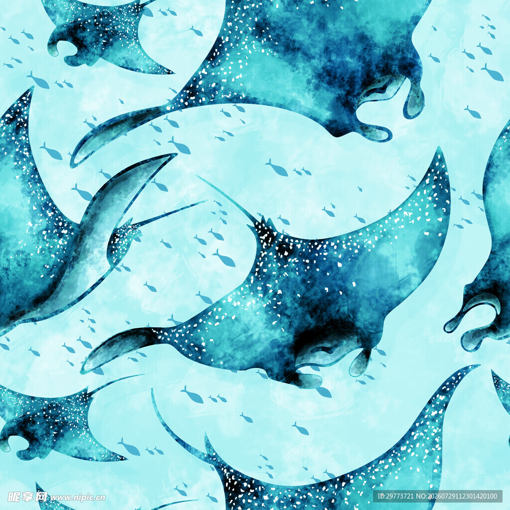 蓝色梦幻海洋鱼群水彩画