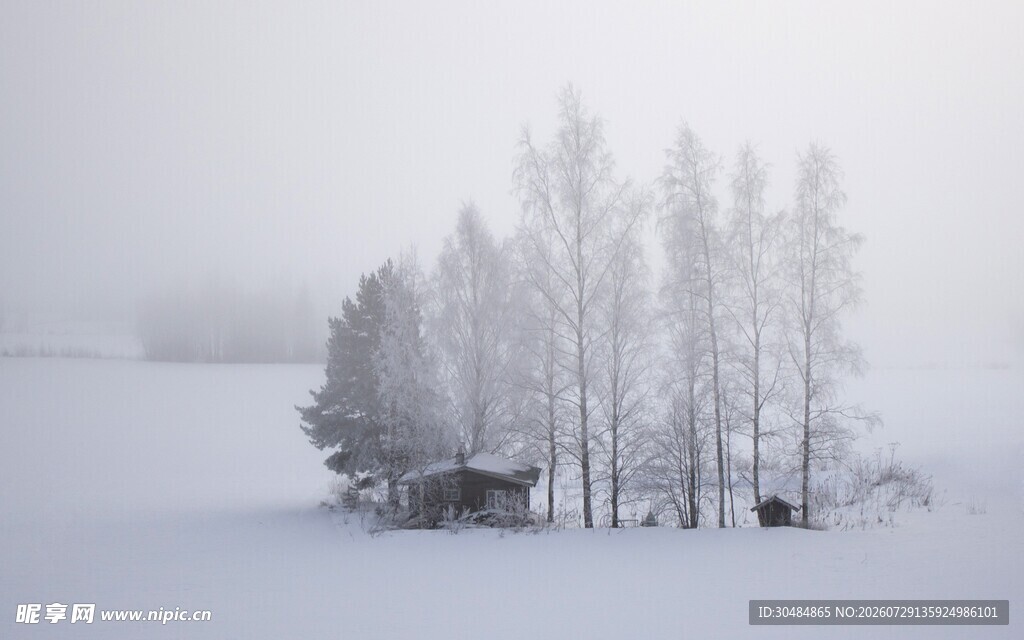 雪野中的静谧树木小屋