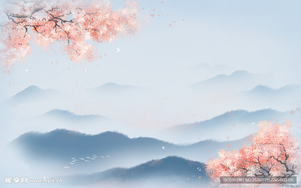 水墨山水间的烂漫花枝