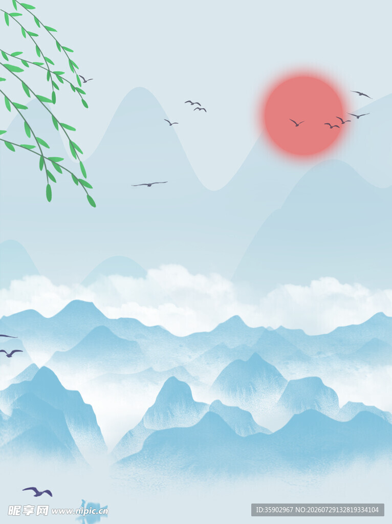 水墨山水间的红日飞鸟景