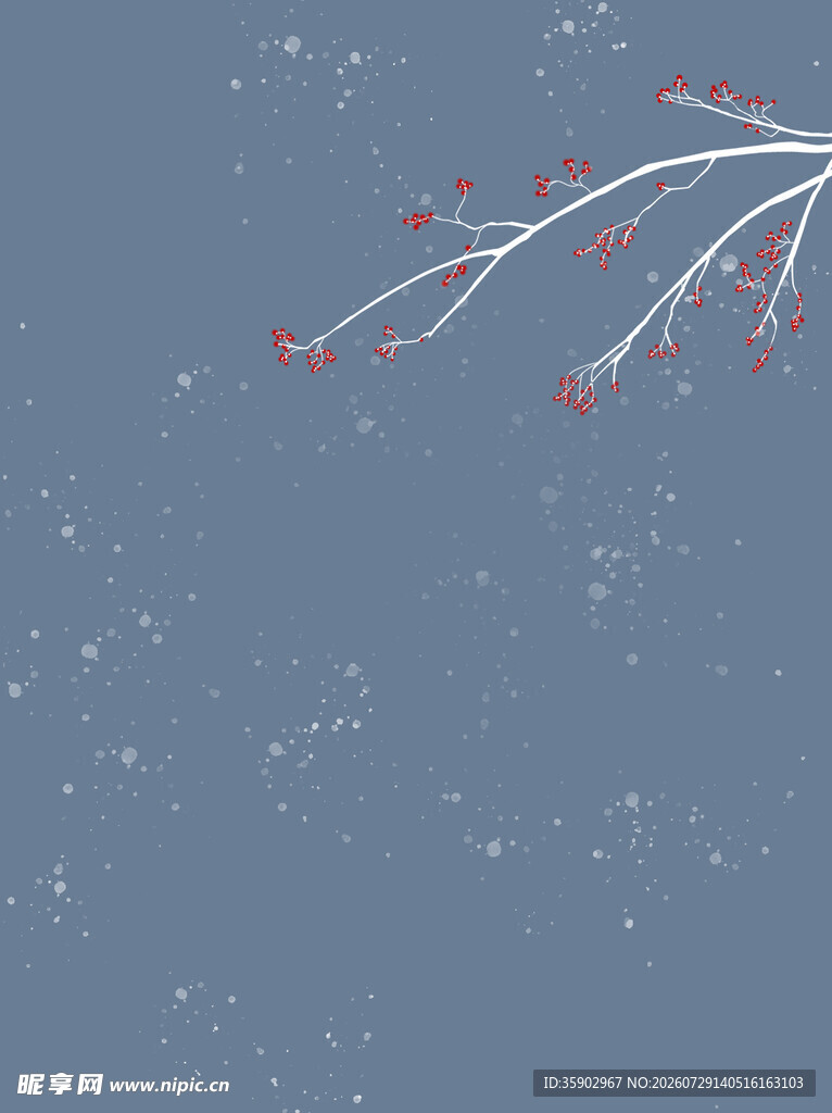 雪天红果树枝雪景图