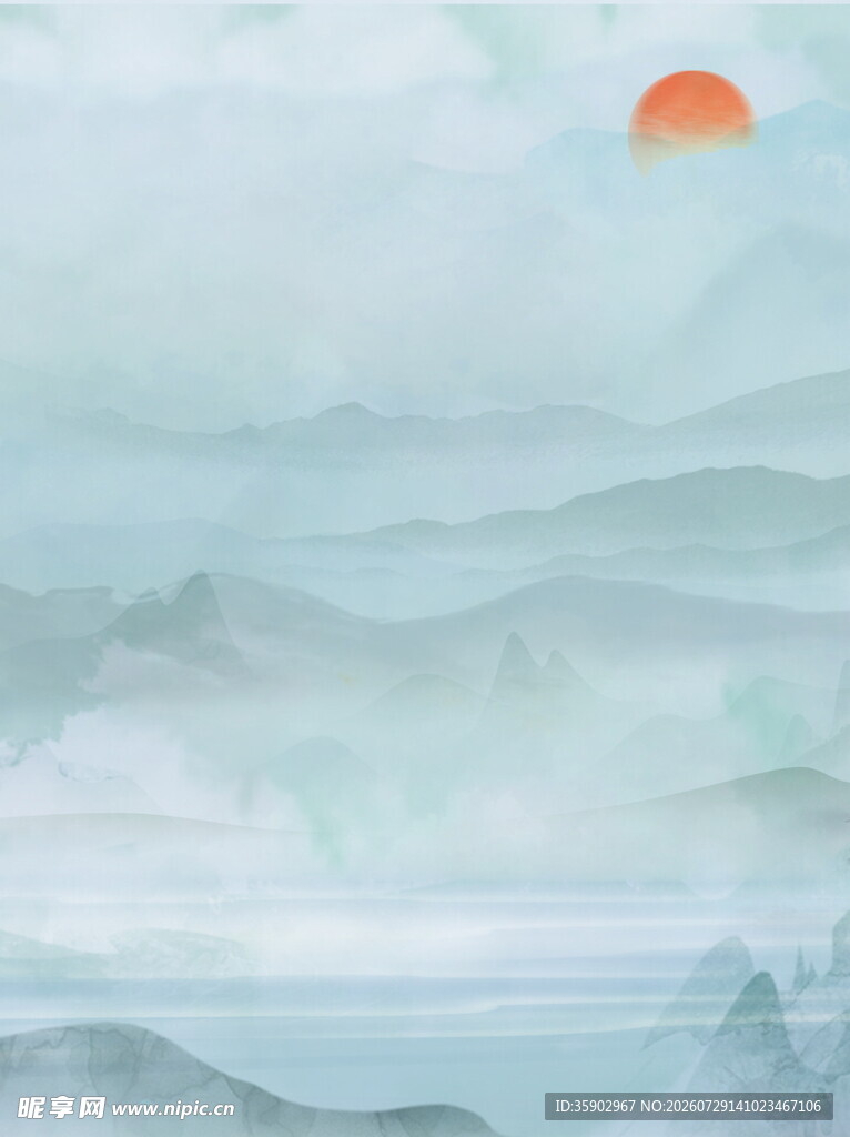 水墨山水间的落日美景