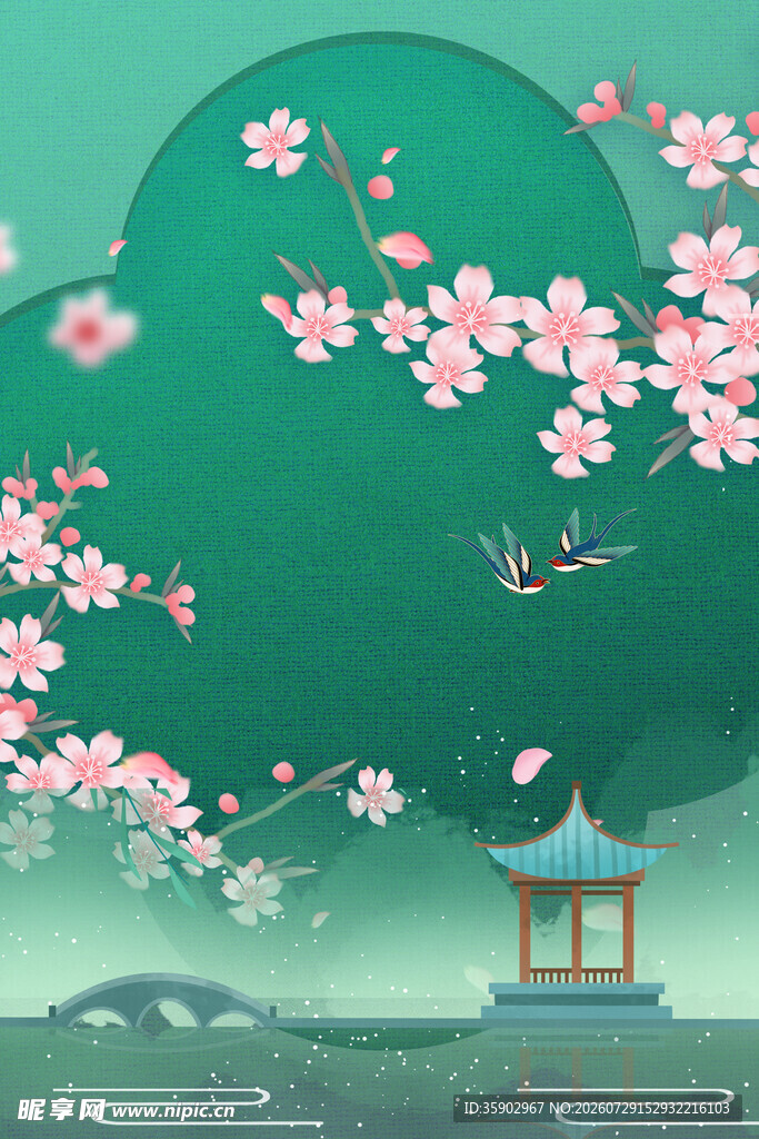 春日湖畔亭景繁花伴月