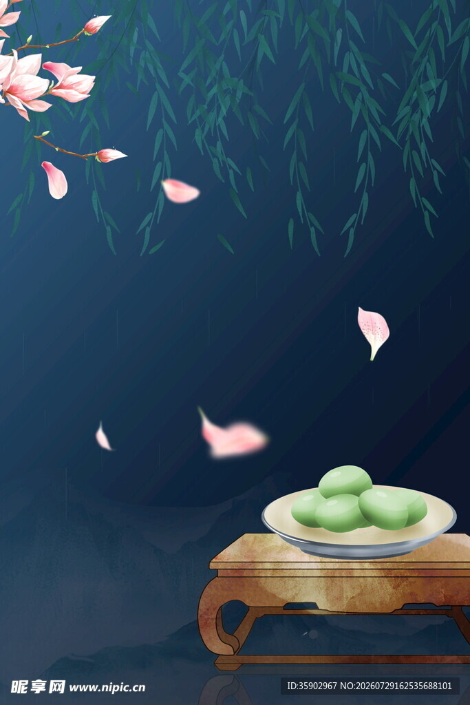 古风茶点与飘落花瓣之景