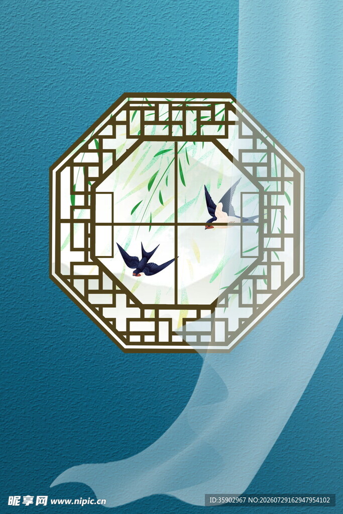 中式八角窗景飞鸟翠竹
