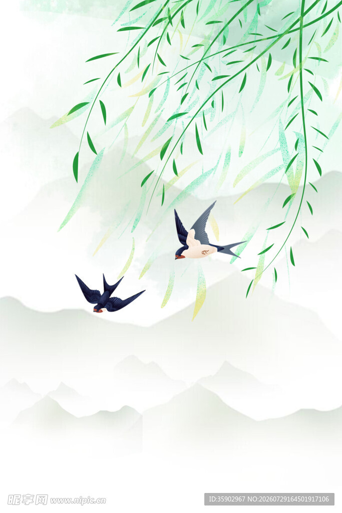 柳下双燕舞春景