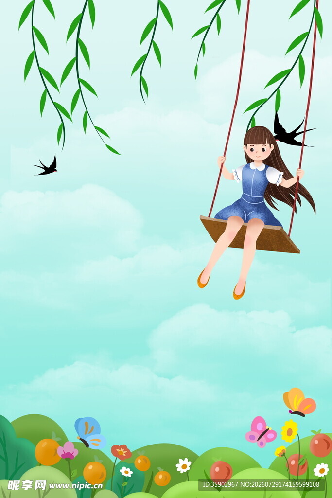 女孩在春日美景中荡秋千