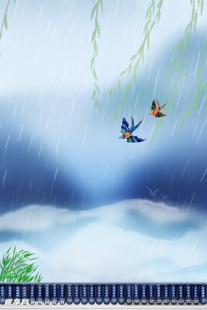 雨中飞鸟嬉戏画面