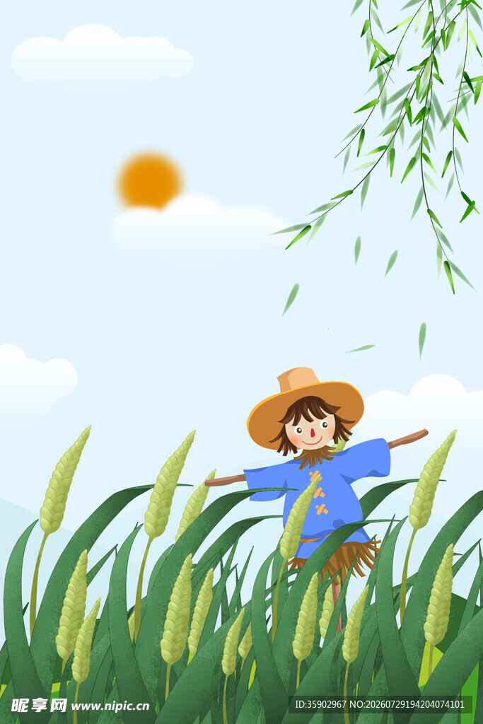 田野中戴草帽的快乐少年