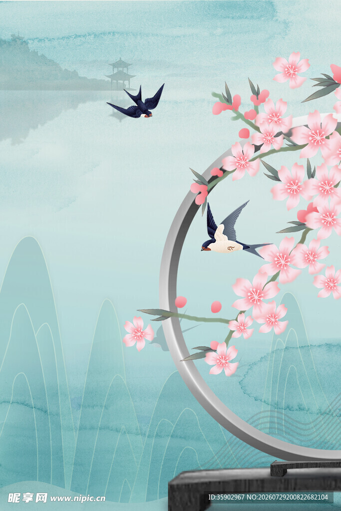 水墨桃花飞鸟中式美景