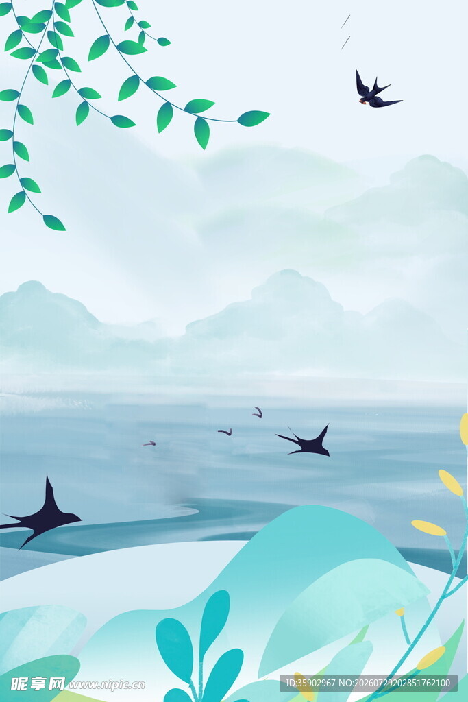 海边飞鸟与绿植风景图