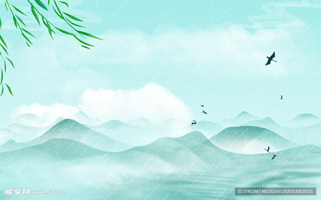 水墨山水间飞鸟伴柳景