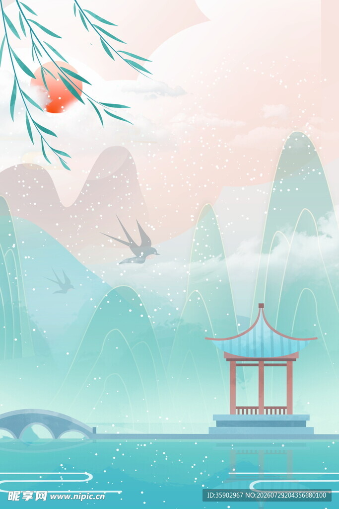 湖畔亭景水墨山水意境