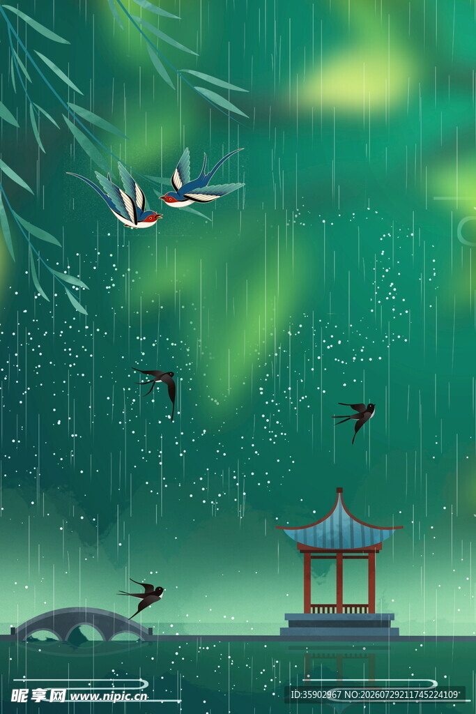 雨中湖畔亭景飞鸟相伴