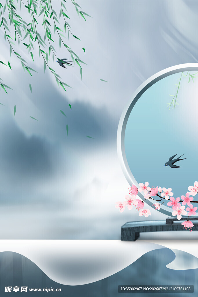 中式水墨风圆形窗景意境图