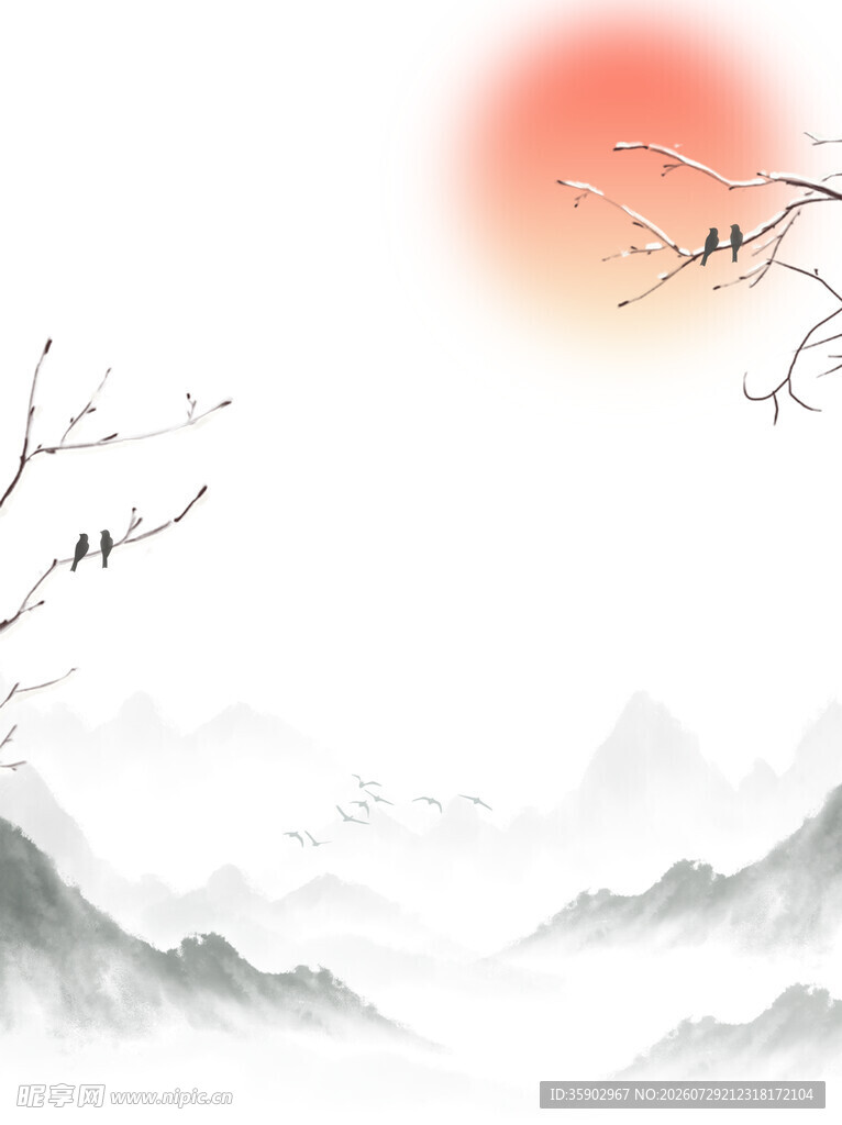 落日山峦间飞鸟栖枝头