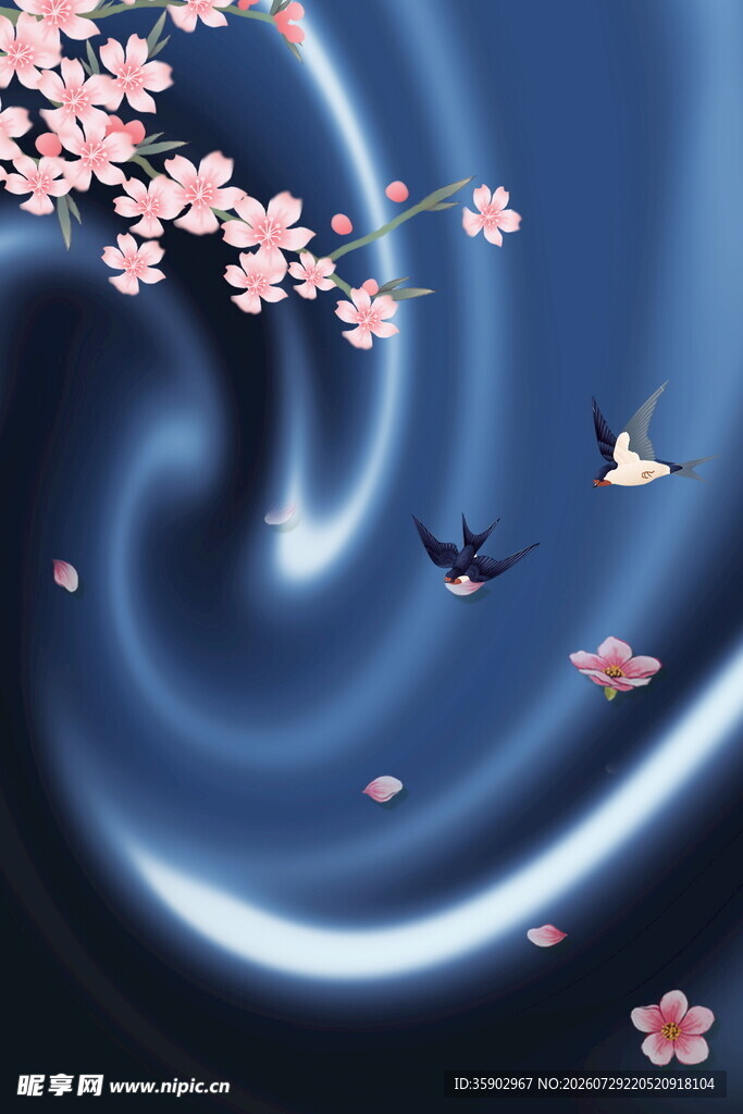 梦幻樱花与飞鸟的夜空