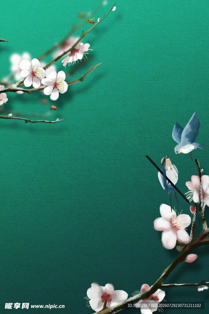 绿底桃花与飞鸟美景