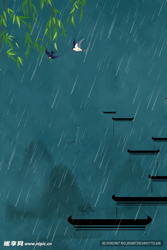 雨中江面小船与飞鸟景象