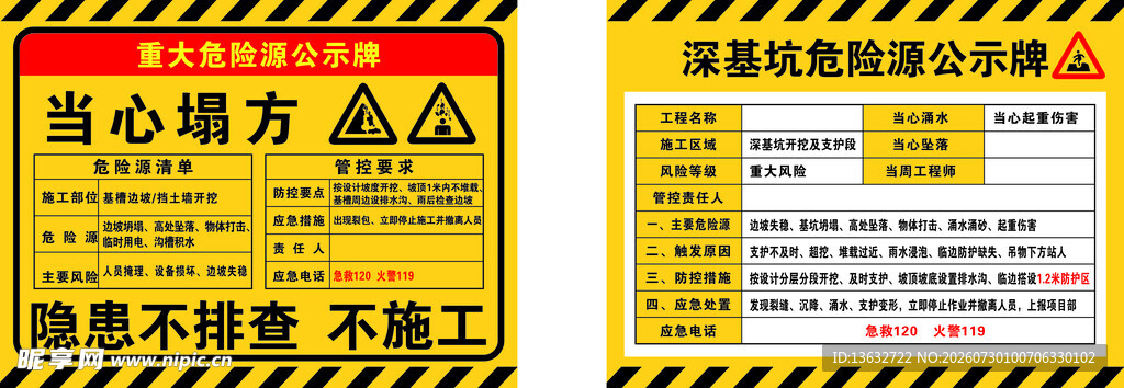 当心塌方安全警示标识牌 深基坑