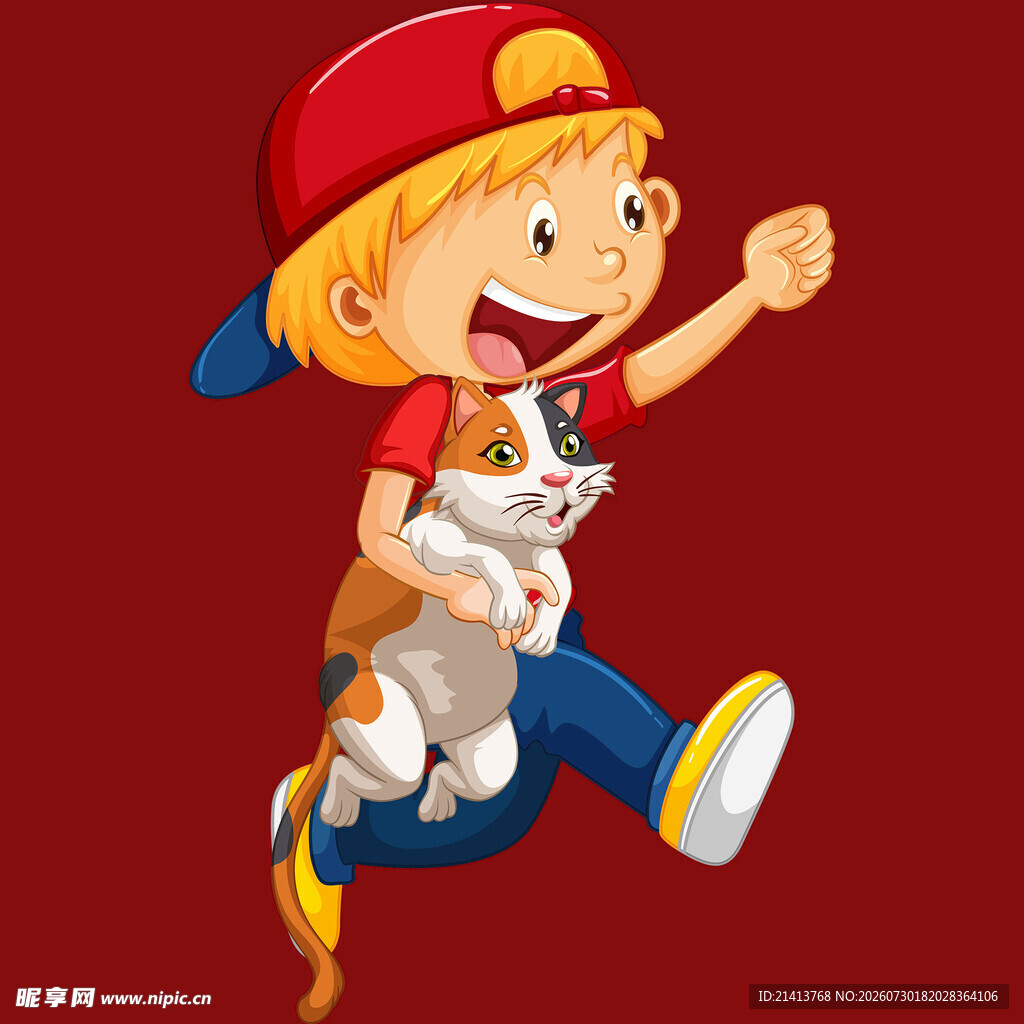 男孩欢快奔跑抱猫咪