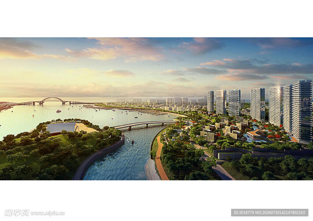 城市河畔风光全景图