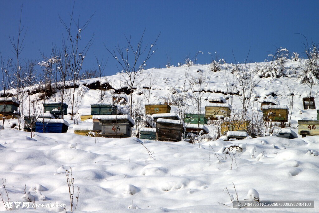 雪覆山村景色