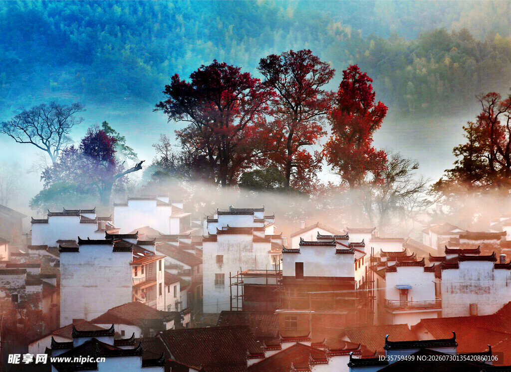 水墨乡村晨景图
