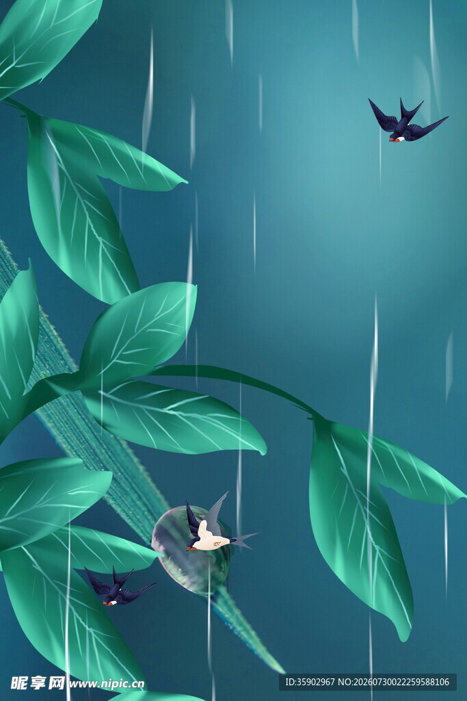 雨夜绿叶间的飞鸟景致