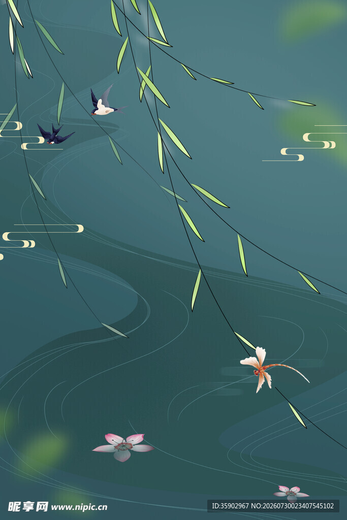 春日湖面蜻蜓垂柳美景