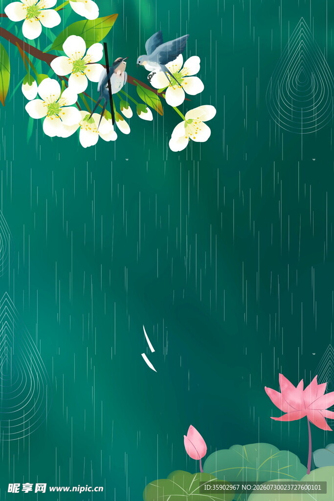 雨中荷塘花卉飞鸟景致