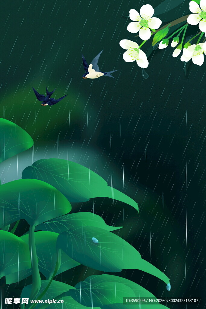 雨中飞鸟伴绿叶白花