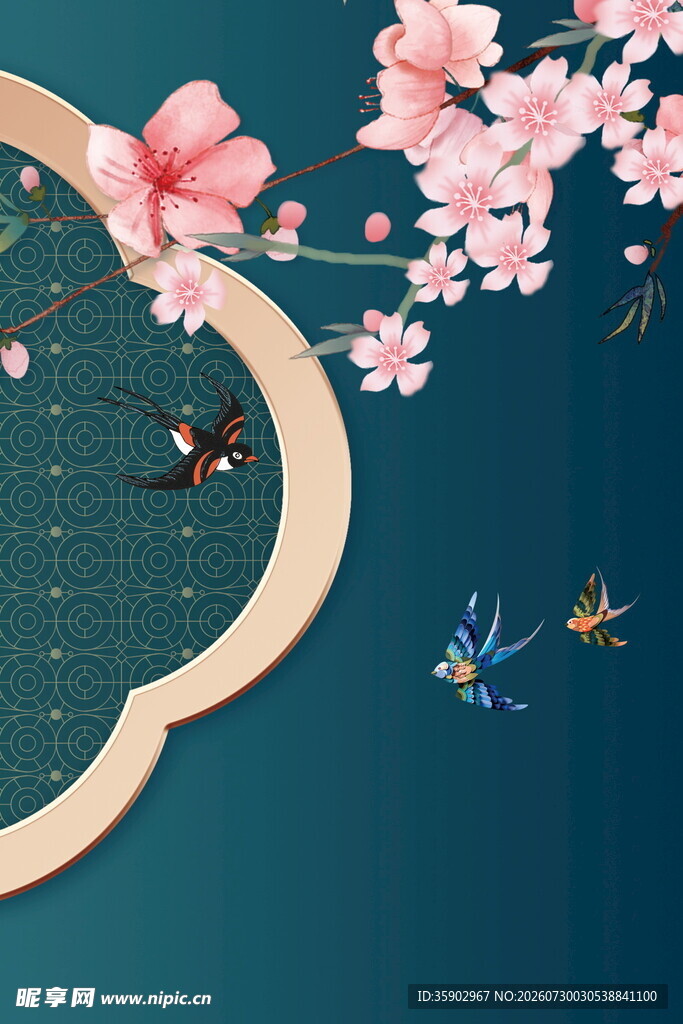 中式花鸟窗景春意盎然