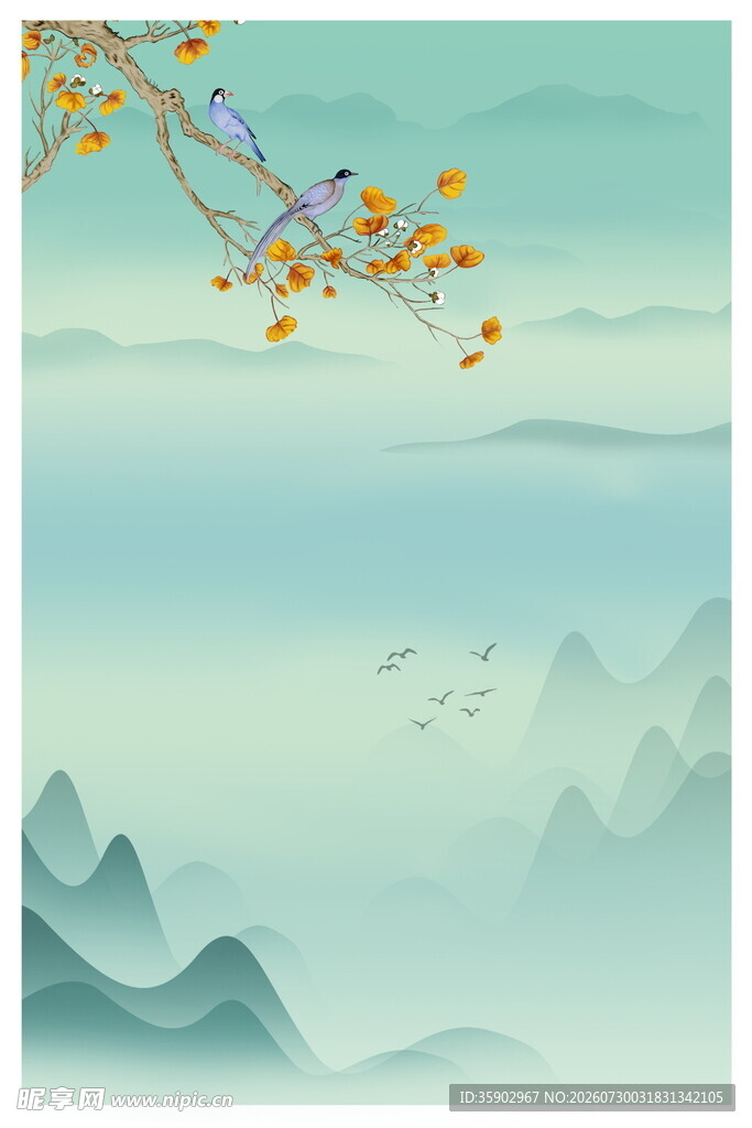 秋景山水间飞鸟栖枝图